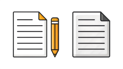 Two documents with lines of text and a yellow pencil in between isolated on transparent background