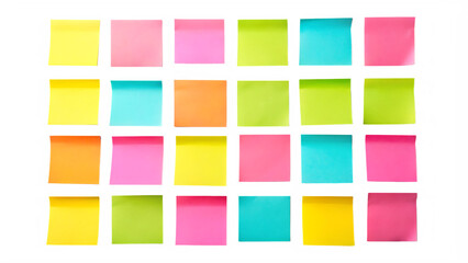 A colorful array of sticky notes arranged in a grid isolated on transparent background