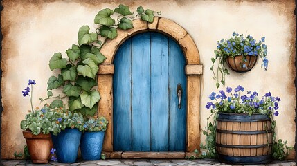 Blue wooden door framed by stone arch and lush green plants.