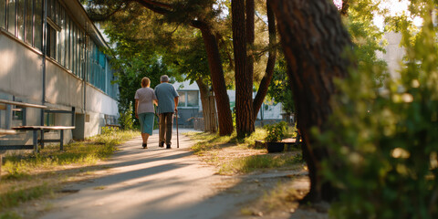 Fototapeta premium Elderly man with cane walking with companion along tree lined hospital garden path in warm sunlight, peaceful and supportive atmosphere