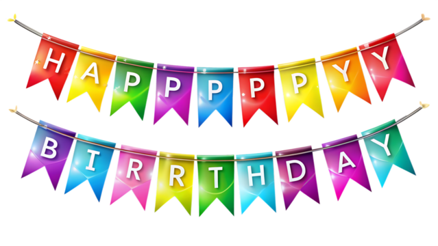 Colorful happy birthday bunting flags with gradient colors isolated on transparent background - Powered by Adobe