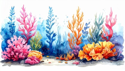 Set of watercolor corals and seaweeds. Underwater plants, laminaria. Sea flora i