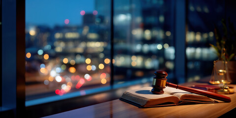 Courtroom gavel on open law book at night with city lights through window conveying solemn legal negotiation mood