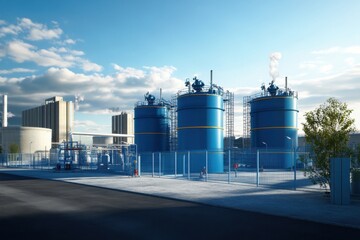 Obraz premium Industrial storage tanks at chemical plant during clear blue sky in afternoon light