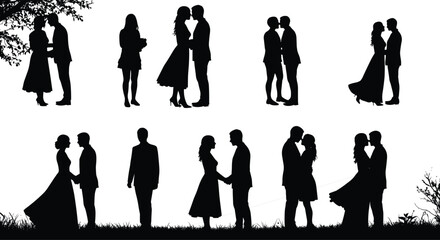Romantic couple silhouette collection of people in love, kissing, holding hands, standing together, relationship, wedding, romance, affection, and emotional connection vector illustration