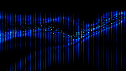 Abstract blue light pattern with vertical lines and small dots in a dark background design style 3d illustration, 3d abstract background