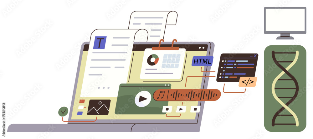 Wall mural open laptop interface with documents, charts, html code, video, and audio files, accompanied by dna 