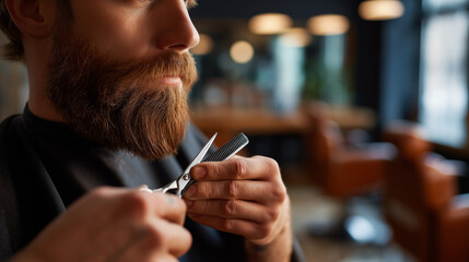 Professional barber's tattooed hands trimming well groomed beard with precision scissors and comb neck area and jawline visible client draped in black cape vintage barbershop