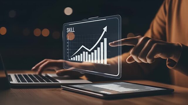 Up skill and personal development concept. employee pointing arrow to upskill or reskill, kill training, education, learning, ability, knowledge and competency for digital transformation.