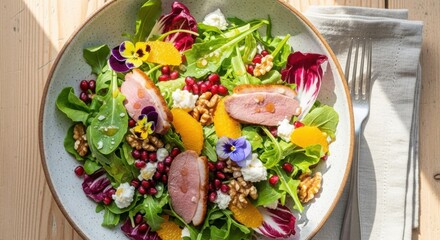 Gourmet duck salad with oranges pomegranate and walnuts isolated on white background