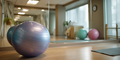 Exercise ball pilates ball fitness ball therapy room studio mirror hardwood floor natural light calm atmosphere