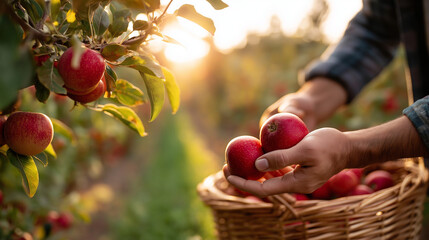 Outstretched hands reaching upward picking ripe red apples from laden tree branches wicker harvest basket visible below filled with fruit orchard rows defocused in background