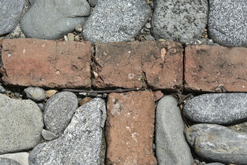 Background made with stones, bricks, and a tree stem