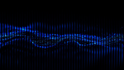 Abstract blue light pattern with vertical lines and wave like forms on a black background 3d illustration, 3d abstract background