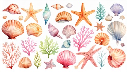 watercolor collection of seashells starfish coral seaweed marine elements set isolate 