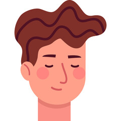 Pixelated Cartoon Male Head with Brown Wavy Hair and Closed Eyes in a Light Peach Skin Tone with Pink Cheeks on a Transparent Background