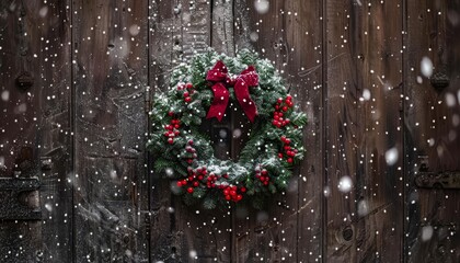 Charming christmas wreath on rustic door adorned with snow and twinkling lights for the holidays