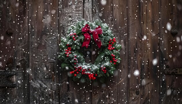 Charming christmas wreath on rustic door adorned with snow and twinkling lights for the holidays