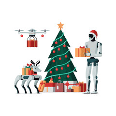 Robotic AI Santa Claus, reindeer and drone celebrating and delivering Christmas gifts