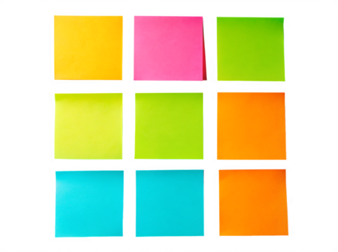 Nine colorful square sticky notes arranged in a grid pattern isolated on transparent background