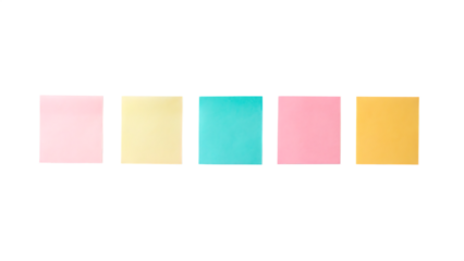 Five colorful sticky notes arranged in a row on a black background isolated on transparent background