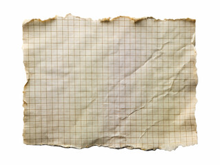 Fototapeta premium A crumpled and torn piece of old parchment paper with faint lines and markings isolated on transparent background