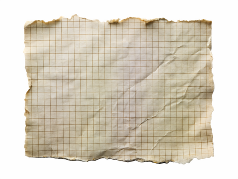 A crumpled and torn piece of old parchment paper with faint lines and markings isolated on transparent background