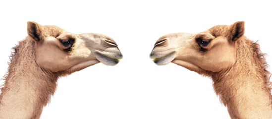Closeup of two camels facing each other, capturing their serene expressions against a clean white backdrop isolated on transparent background