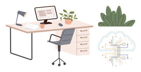 Organized desk setup with a computer, lamp, chair, plant, and cloud network symbol. Ideal for remote work, productivity, technology, innovation organization office culture and digital connection