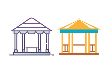 Two colorful gazebo designs with architectural details shown in flat vector style