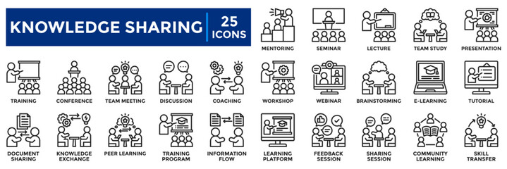 Knowledge Sharing icon collection set. containing learning, training, coaching, mentoring, and knowledge exchange. Ideal for education, teamwork, online learning, and corporate training visuals.