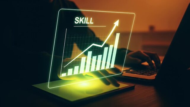 Up skill and personal development concept. employee pointing arrow to upskill or reskill, kill training, education, learning, ability, knowledge and competency for digital transformation.