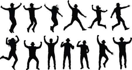 Silhouette collection of men and women jumping, dancing, and celebrating in active poses, joyful people in motion for happiness, energy, and party themes