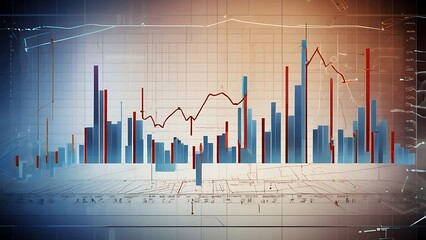 Abstract 3d bar chart with line graph showing financial data and market trends in a futuristic style