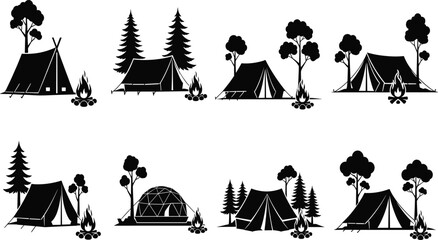Camping tent silhouettes with forest trees, campfire flames, outdoor nature scenes, wilderness travel icons, hiking adventure vector for campsite illustration design