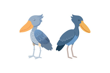 Two stylized shoebill storks are depicted facing opposite directions
