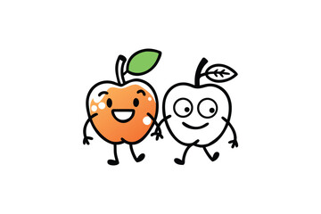 Two cartoon apples one orange and one white holding hands together