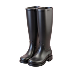 Tall black rain boots with high shafts, waterproof footwear for costumes
