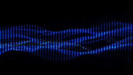 Abstract blue light pattern with vertical bars and wavy lines on a dark black background design art 3d illustration, 3d abstract background