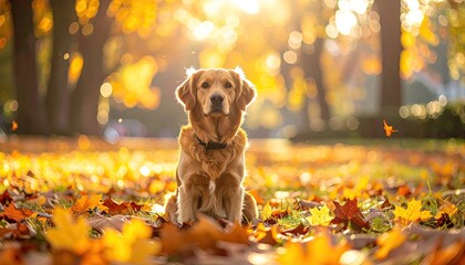 Golden Retriever Dog Sits in Autumn Park Full of Golden Yellow Orange Leaves During Golden Hour Sunset Light with Bokeh Background