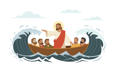 Obraz premium Jesus calming the storm with disciples in boat biblical story of jesus calming the storm on the sea of galilee vector illustration