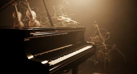 Musical composition with grand piano, violins and cello instruments