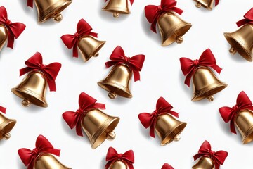 Vintage Christmas bells seamless pattern featuring shiny brass bells adorned with vibrant red bows, creating a festive and cheerful holiday atmosphere for seasonal designs