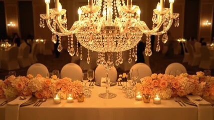 An elegant crystal chandelier illuminates a beautifully decorated reception table with flowers. - Powered by Adobe