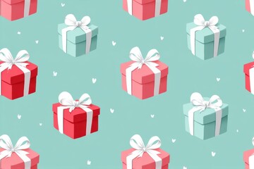 Seamless pattern of colorful wrapped gift boxes with ribbons and bows on a soft blue background, creating a festive and cheerful atmosphere for various design projects
