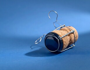 Champagne cork with wire cage lying on a blue surface, casting a shadow.