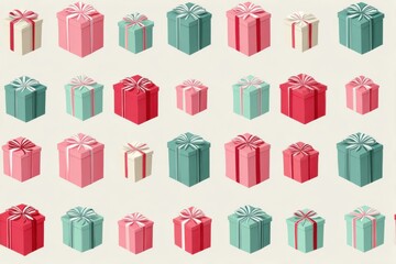 Seamless pattern of colorful wrapped gift boxes with ribbons and bows on a light background, perfect for festive occasions and holiday celebrations, ideal for various design projects