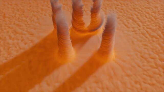 Orbital view of multiple fire devils rising through the gases and hot atmosphere of a planet. Concept 3d animation.