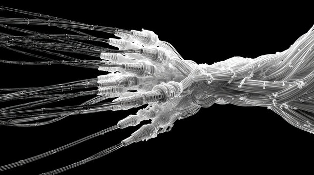 Hyperrealistic image of network cables forming an organic branching shape, symbolizing connectivity, technology networks, data flow, neural structures, and the intricate design of modern communication