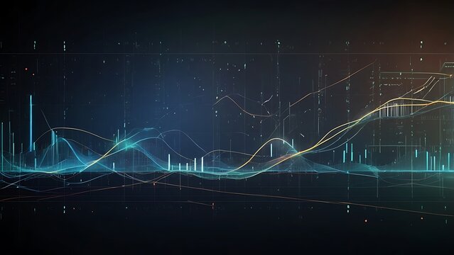 Futuristic data analytics interface displaying complex charts, graphs, and waveforms for trend analysis